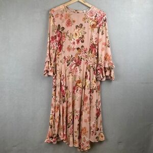 Queen B Pink Floral Ruffle Bell Sleeve High Low Midi Boho Maternity Tea Dress 10
